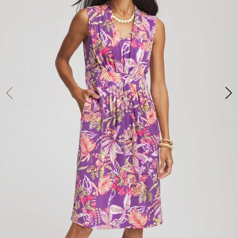 New Chico's Floral Pleated Jersey Dress ALABASTER Purple Size 2 Large 12